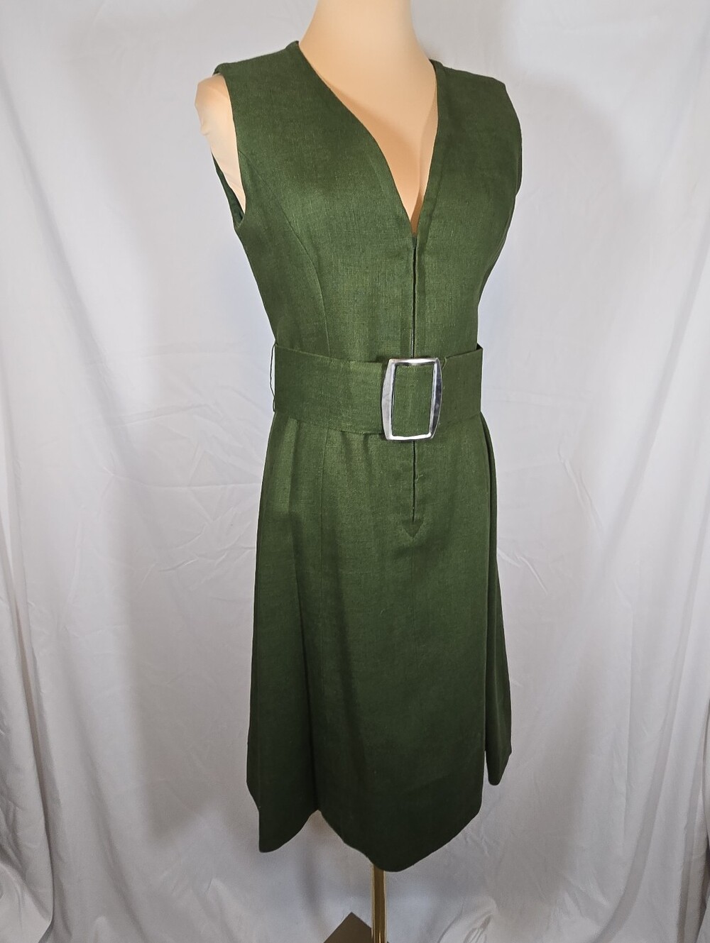 Vintage Sleeveless V-Neck Green Dress With Belt